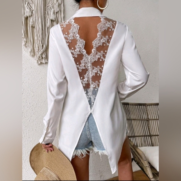 Backless Lace Panel Shirt - Picture 1 of 6